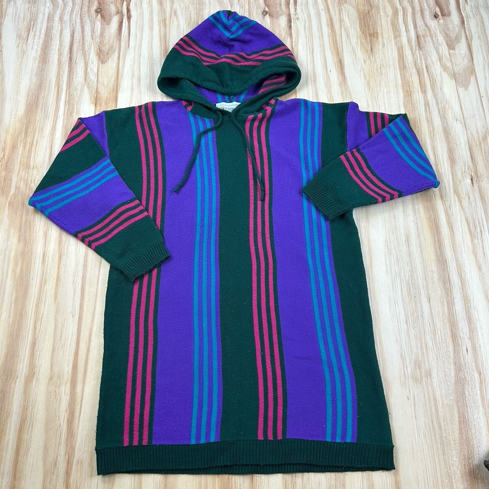 True Vintage 70s A'MILANO Women's Rainbow Colorblock Acrylic Hoodie Large BAJA